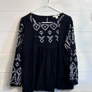 Studio West Black Tunic with White Embroidered Yoke and Sleeves